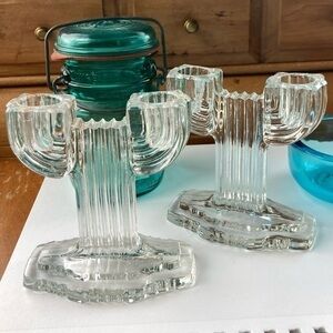 🌵🌵 GORGEOUS CLEAR GLASS CANDLESTICKS HOLDER SAGUARO CACTUS LOOK